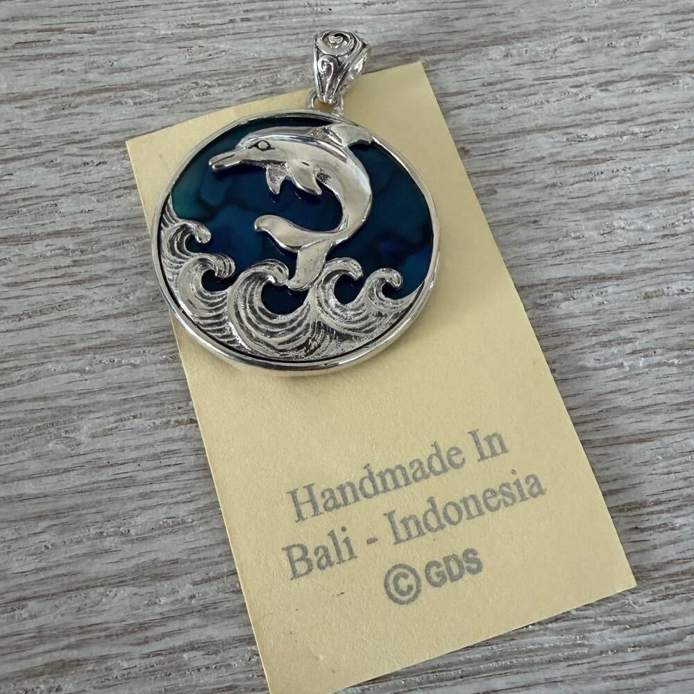 Sterling Silver Dolphin Pendant with Blue Abalone Shell Backing